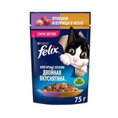 Корм влажный Felix Аппетитные кусочки Двойная вкуснятина для взрослых кошек с ягненком и курицей в желе, 75г