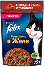 Корм влажный Felix Sensations для взрослых кошек с говядиной в желе с томатами, 75г