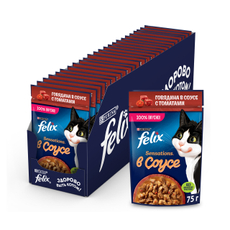 Корм влажный Felix Sensations для взрослых кошек с говядиной в желе с томатами, 75г x 26 шт