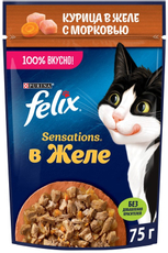Корм влажный Felix Sensations для взрослых кошек с курицей в желе с морковью, 75г
