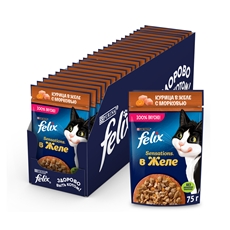 Корм влажный Felix Sensations для взрослых кошек с курицей в желе с морковью, 75г x 26 шт