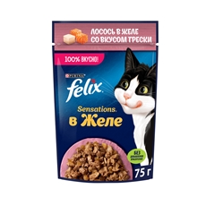 Корм влажный Felix Sensations для взрослых кошек с лососем в желе со вкусом трески, 75г