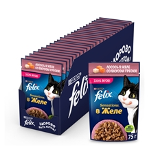 Корм влажный Felix Sensations для взрослых кошек с лососем в желе со вкусом трески, 75г x 26 шт