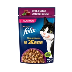 Корм влажный Felix Sensations для взрослых кошек с уткой в желе со шпинатом, 75г