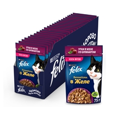Корм влажный Felix Sensations для взрослых кошек с уткой в желе со шпинатом, 75г x 26 шт