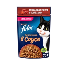 Корм влажный Felix Sensations для взрослых кошек с говядиной в соусе с томатами, 75г