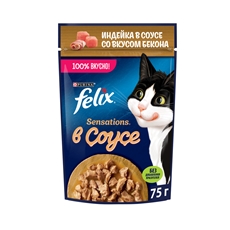 Корм влажный Felix Sensations для взрослых кошек с индейкой в соусе со вкусом бекона, 75г