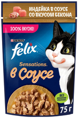 Корм влажный Felix Sensations для взрослых кошек с индейкой в соусе со вкусом бекона, 75г