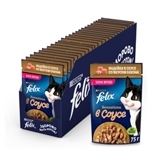 Корм влажный Felix Sensations для взрослых кошек с индейкой в соусе со вкусом бекона, 75г x 26 шт