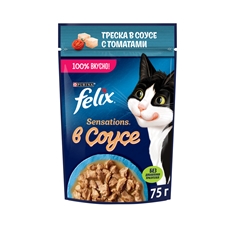 Корм влажный Felix Sensations для взрослых кошек с треской в соусе с томатами, 75г