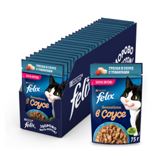 Корм влажный Felix Sensations для взрослых кошек с треской в соусе с томатами, 75г x 26 шт