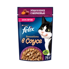 Корм влажный Felix Sensations для взрослых кошек с уткой в соусе с морковью, 75г