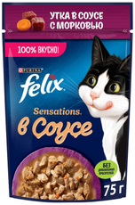 Корм влажный Felix Sensations для взрослых кошек с уткой в соусе с морковью, 75г