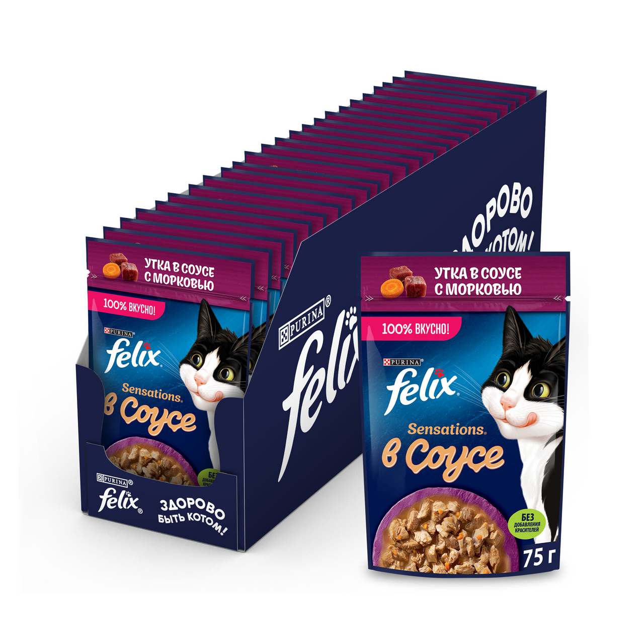 Изображение товара Корм влажный Felix Sensations для взрослых кошек с уткой в соусе 75 г x 26 шт