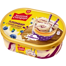 Мороженое Золотой стандарт Пломбир с черникой контейнер, 475г