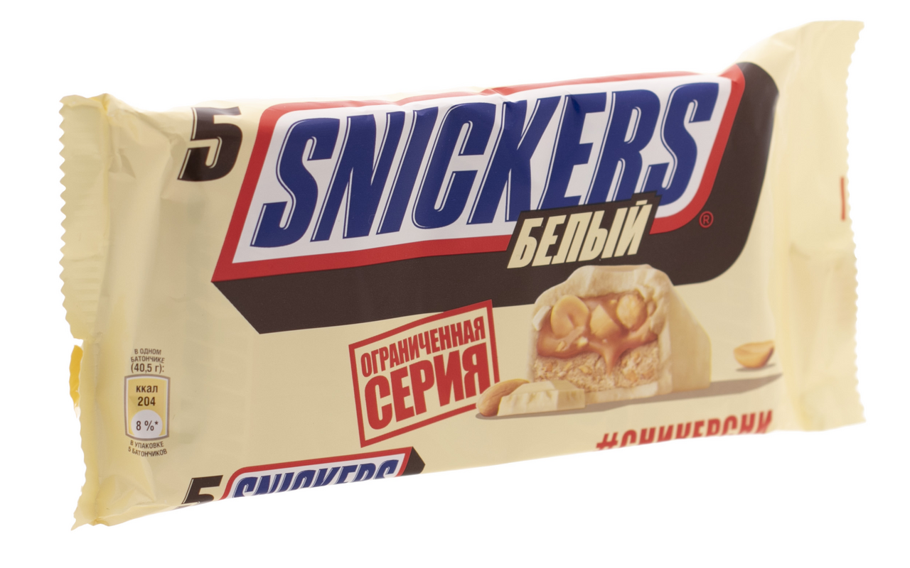 Батончик шоколадный Snickers белый 5 x 40.5г, 202г купить с доставкой на  дом, цены в интернет-магазине