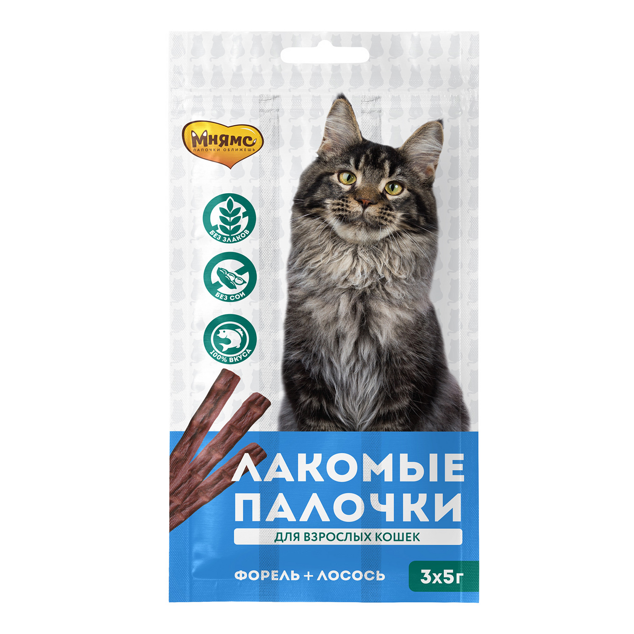 Изображение товара Лакомства Мнямс для взрослых кошек лосось-форель 15г, вяленое, упаковка
