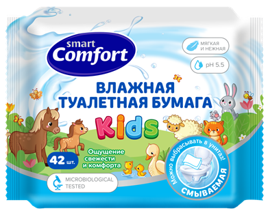 Изображение товара Туалетная бумага детская Comfort Smart Kids влажная Ромашка, 42шт