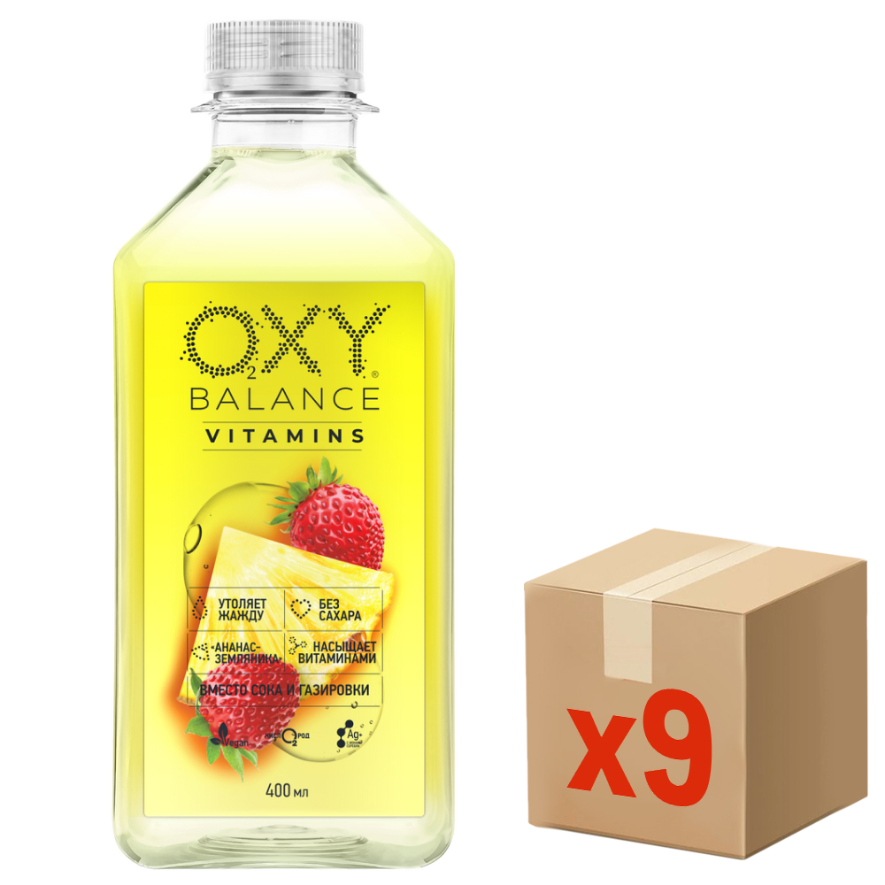 Изображение товара Вода Oxy Balance Vitamins ананас-земляника 400мл x 9 шт натуральная без сахара