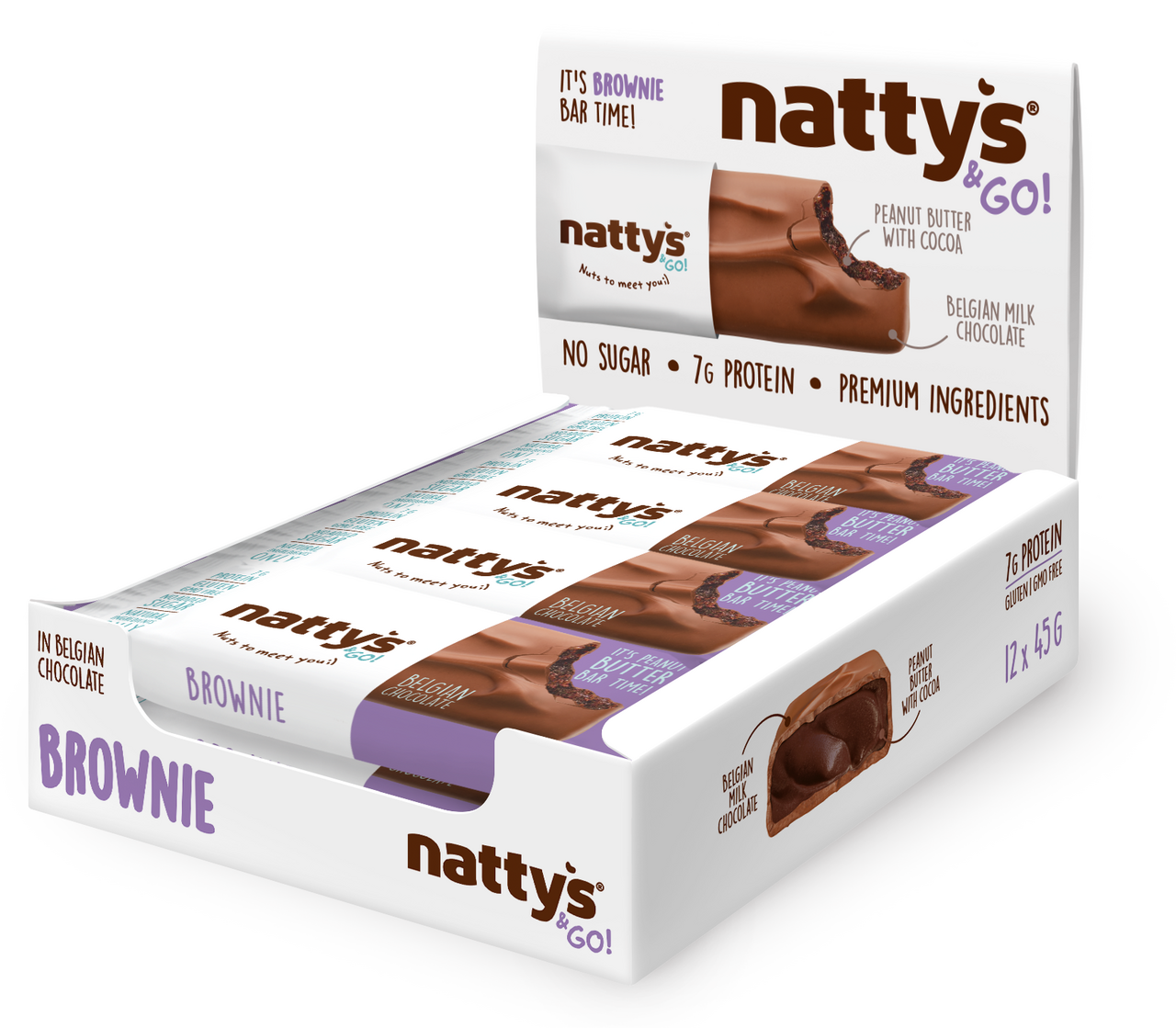 Изображение товара Батончик Nattys Brownie шоколадный с арахисовой пастой и какао без сахара, 45г x 12 шт