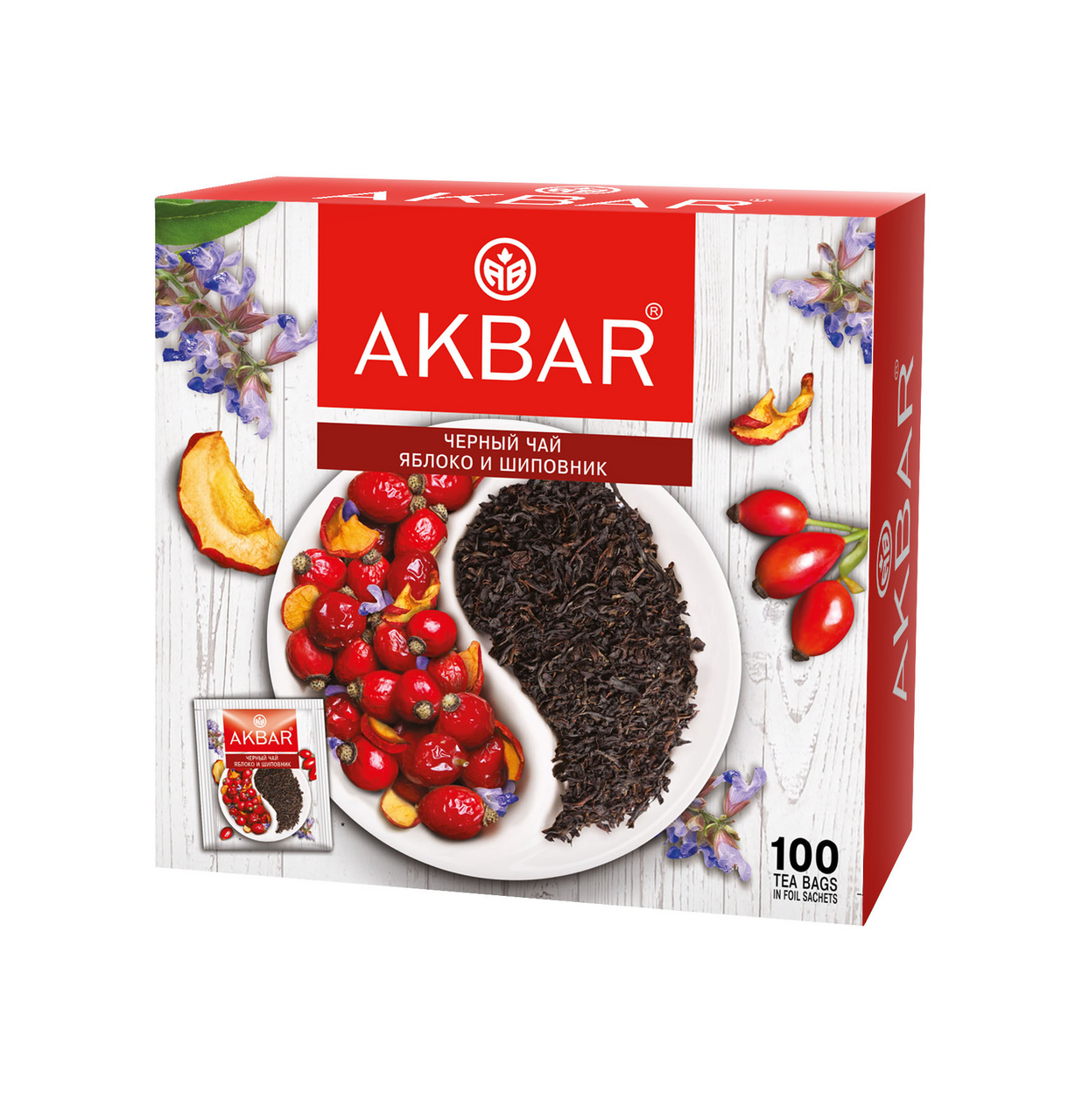 Чай Akbar черный яблоко-шиповник (1.5г x 100шт), 150г купить с доставкой на  дом, цены в интернет-магазине