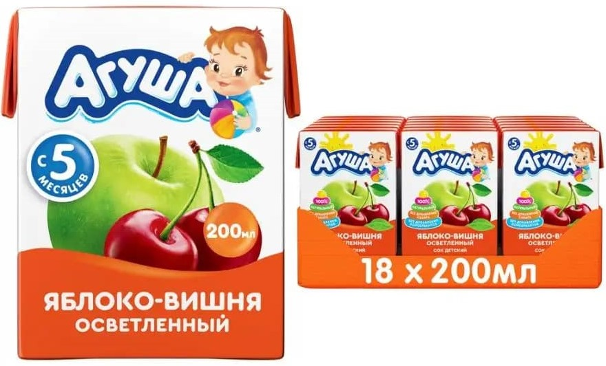 Изображение товара Детский сок Агуша Яблоко и вишня без добавок 200 мл х 18 шт