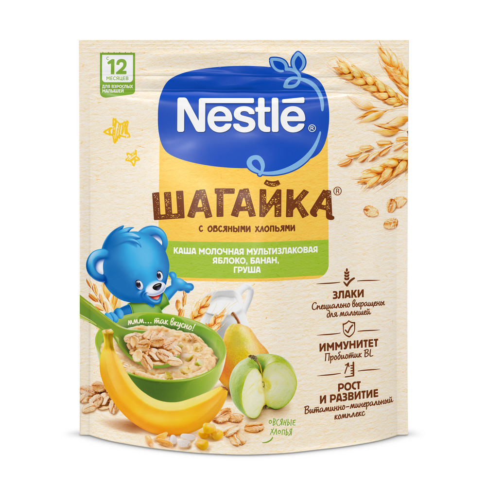 Каша Nestle Шагайка мультизлаковая яблоко-банан-груша молочная, 190г купить  с доставкой на дом, цены в интернет-магазине