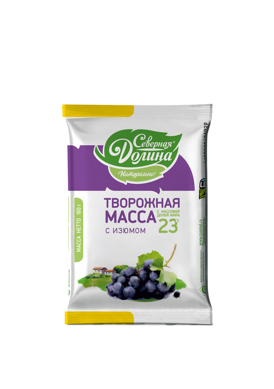 Масса творожная Северная долина с изюмом 23%, 180г купить с доставкой на дом,  цены в интернет-магазине