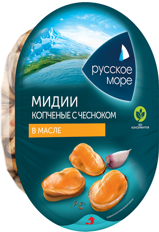 Мидии Русское море копченые с чесноком в масле, 180г