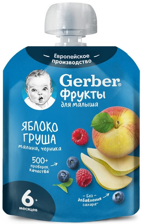 Изображение товара Пюре фруктовое детское Gerber Яблоко, груша, малина и черника с 6 месяцев, 90г