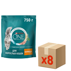 Корм сухой Purina One для взрослых кошек с курицей и цельными злаками, 750г x 8 шт