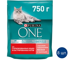 Корм сухой Purina One для стерилизованных кошек и кастрированных котов с лососем и пшеницей, 750г x 8 шт