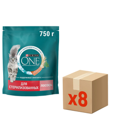 Корм сухой Purina One для стерилизованных кошек и кастрированных котов с высоким содержанием лосося, 750г х 8 шт