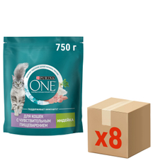 Корм сухой Purina One для взрослых кошек при чувствительном пищеварении с индейкой и рисом, 750г x 8 шт