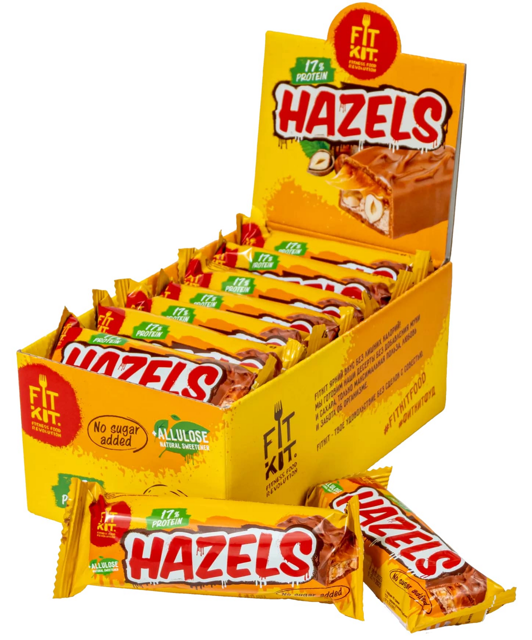 Изображение товара Протеиновый батончик Fit Kit Hazels без сахара с фундуком и карамелью, 45г х 15 шт