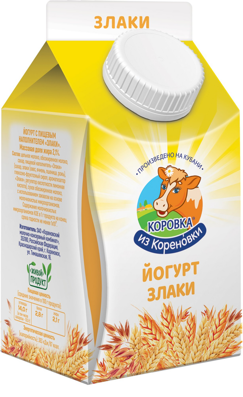 Йогурт Коровка из Кореновки злаки 2.1%, 450г купить с доставкой на дом,  цены в интернет-магазине