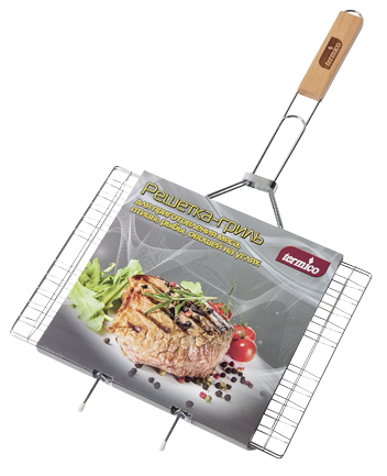 Решетка-гриль Termico толстая стальная с коррозионностойким покрытием с деревянной ручкой, 35 х 25 х 1см