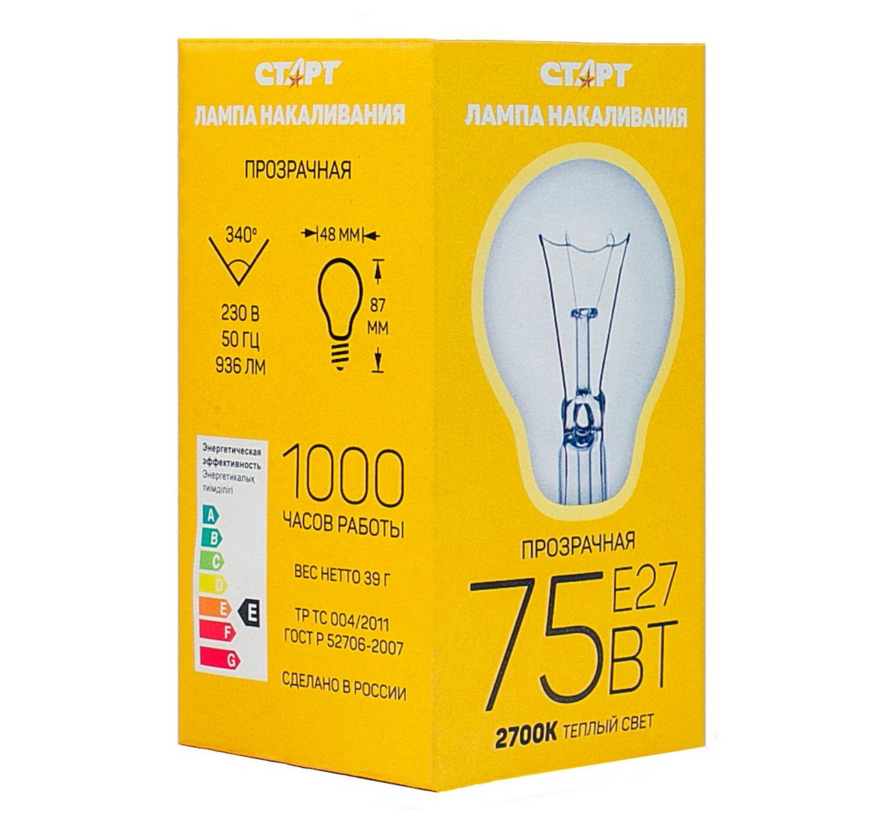 Изображение товара Лампа накаливания Старт E27 75W 220-240V груша Б прозрачная