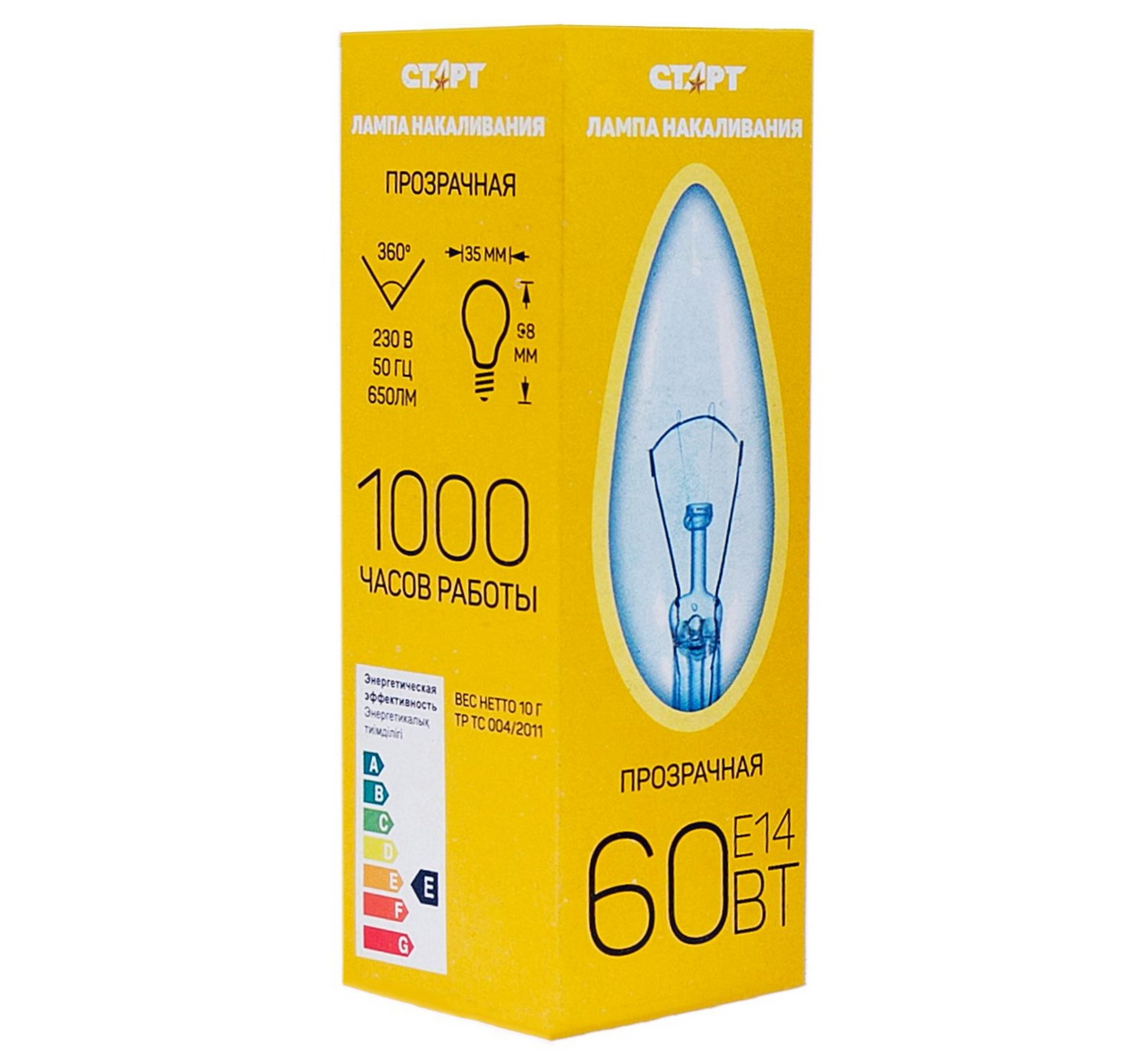 Изображение товара Лампа накаливания Старт E14 60W 230V свеча ДС прозрачная