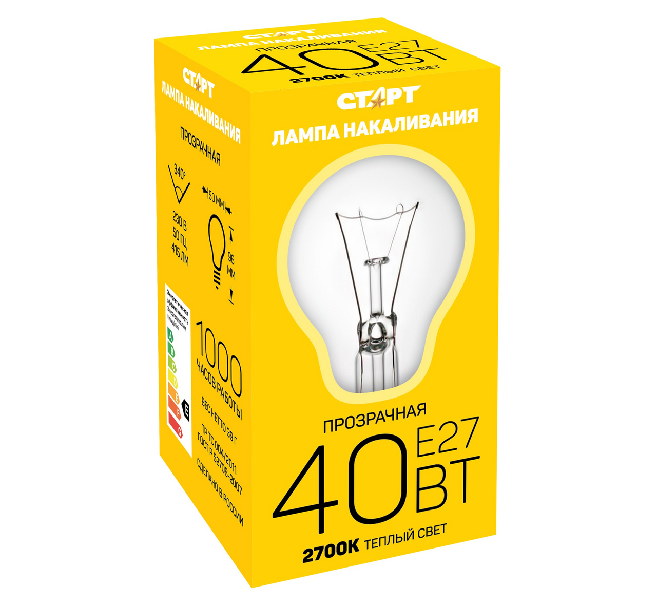 Изображение товара Лампа накаливания Старт E27 40W 230V шар ДШ прозрачная