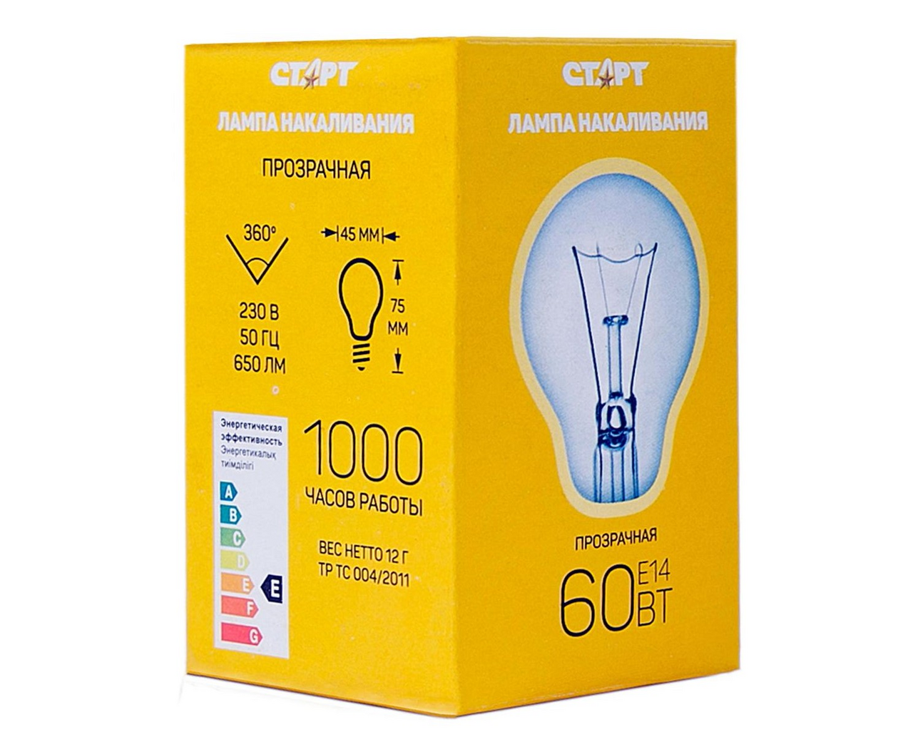 Изображение товара Лампа накаливания Старт E14 60W 230V шар ДШ прозрачная