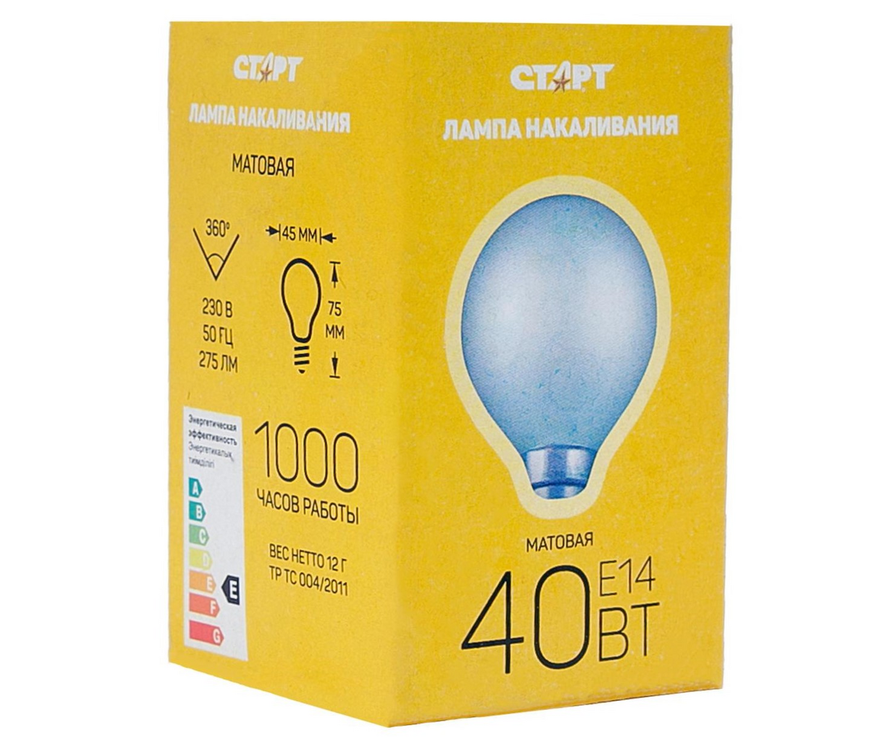 Изображение товара Лампа накаливания Старт E14 40W 230V шар ДШ матовая