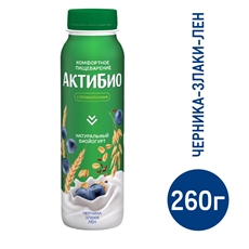 Йогурт питьевой Актибио черника-злаки-семена льна 1.6%, 260г