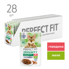 Корм влажный Perfect Fit для взрослых кошек иммунитет говядина-лен-желе, 75г x 28 шт
