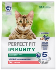 Корм сухой Perfect Fit для взрослых кошек иммунитет говядина-лен-голубика, 1.1кг