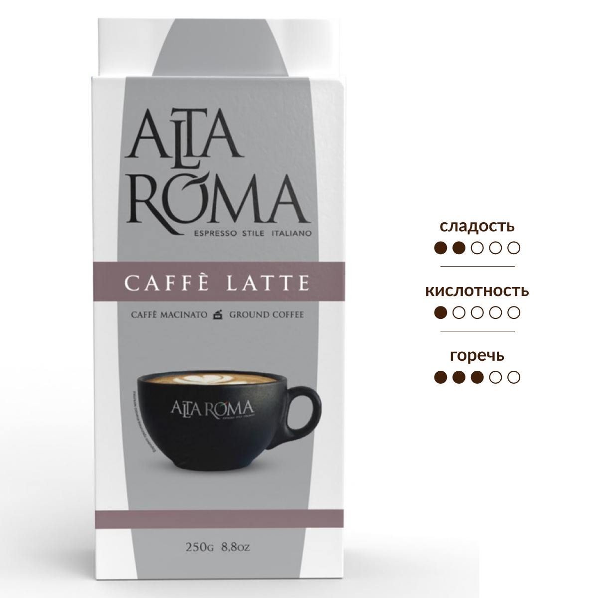 Изображение товара Кофе Alta Roma Caffe Latte молотый 250г высококачественный бленд робусты