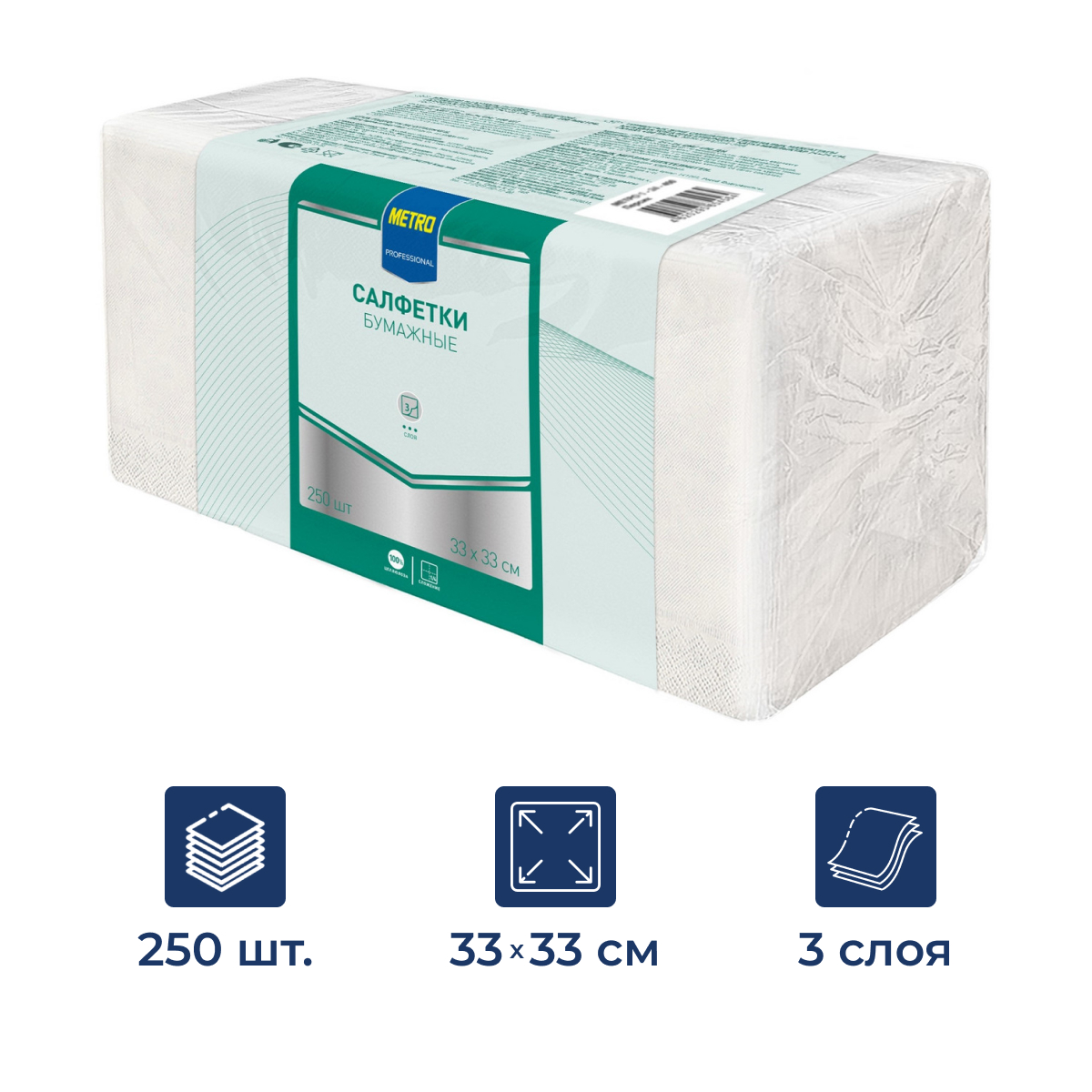 METRO PROFESSIONAL Салфетки бумажные 3 слоя белые 250шт, 33х33см