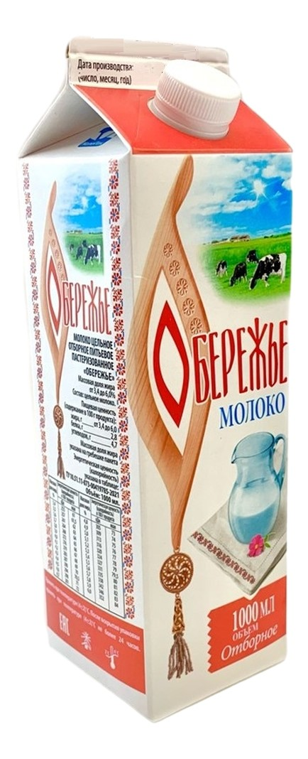 Молоко Обережье отборное пастеризованное 3.4-6%, 1л
