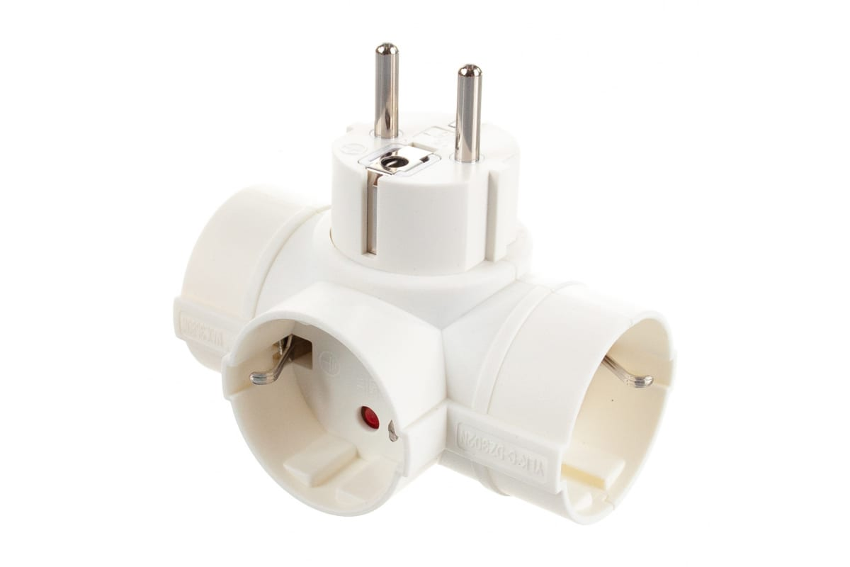 Адаптер Electraline T-образный, три гнезда, 16A, с землей, белый