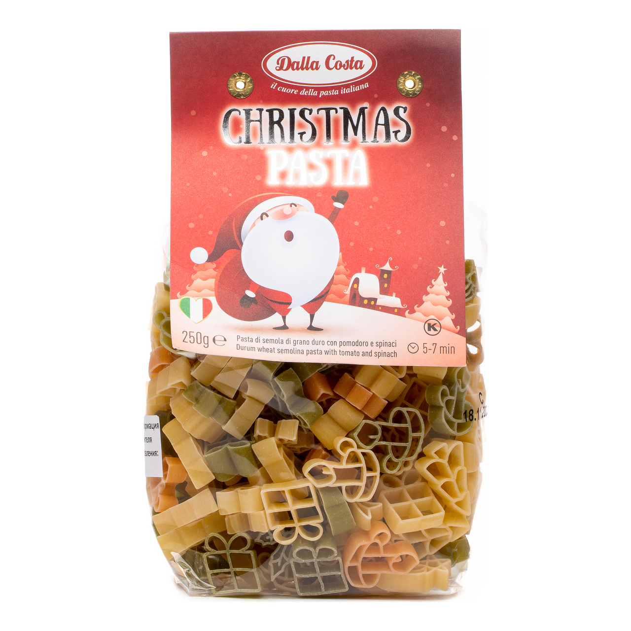 Изображение товара Макароны фигурные детские Dalla Costa Christmas Pasta с томатами и шпинатом, 250г